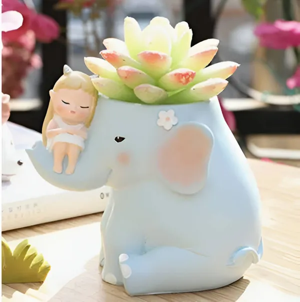 Cute_Girl_On_Elephant_Resin_Succulent_Pot_For_Home_&_Decoration