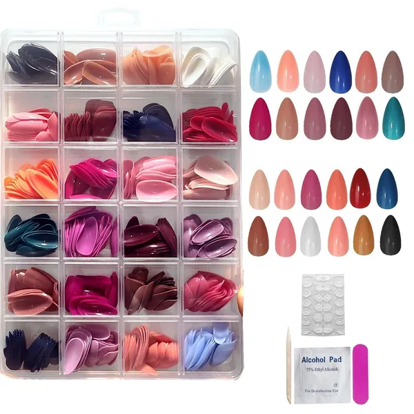 Multicolor_576Pcs_Reusable_Fake_Nail_Artificial_Nails_Art_Set_24_Round_Artificial_Nails_Extensions_With_Glue_Stickers_Nail_File_&_Wood_Stick_Stickon_Nails_Set_Press_On_Nail_Set_For_Gilrs