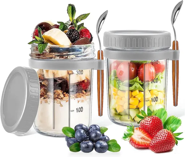 350_Ml_Airtight_Overnight_Oats_Jar_with_Spoon_&_Lid,_Glass_Oatmeal_Container_Jar_for_Cereal_Fruit_Vegetable_Milk_Salad_Yogurt,_Mason_Jars_with_Measurement_Marks,_Pack_of_1