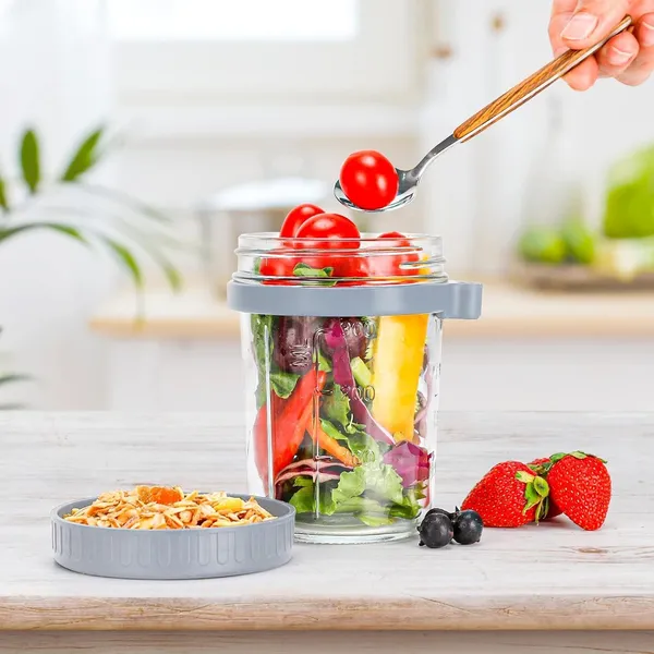 350_Ml_Airtight_Overnight_Oats_Jar_with_Spoon_&_Lid,_Glass_Oatmeal_Container_Jar_for_Cereal_Fruit_Vegetable_Milk_Salad_Yogurt,_Mason_Jars_with_Measurement_Marks,_Pack_of_1