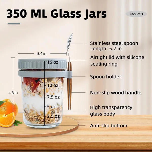 350_Ml_Airtight_Overnight_Oats_Jar_with_Spoon_&_Lid,_Glass_Oatmeal_Container_Jar_for_Cereal_Fruit_Vegetable_Milk_Salad_Yogurt,_Mason_Jars_with_Measurement_Marks,_Pack_of_1
