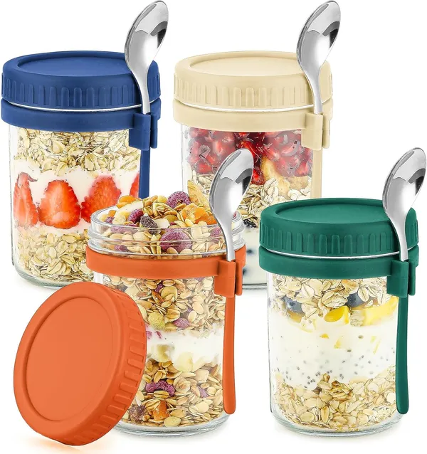 350_Ml_Airtight_Overnight_Oats_Jar_with_Spoon_&_Lid,_Glass_Oatmeal_Container_Jar_for_Cereal_Fruit_Vegetable_Milk_Salad_Yogurt,_Mason_Jars_with_Measurement_Marks,_Pack_of_1