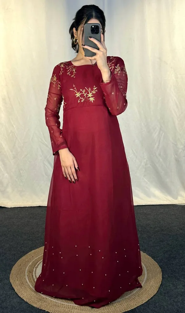 Red_Georgette_Embroidery_Work_Gown_For_Women