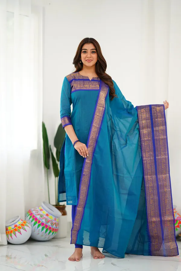 Blue_Shade_Cotton_Kurta_And_Dupatta_For_Women