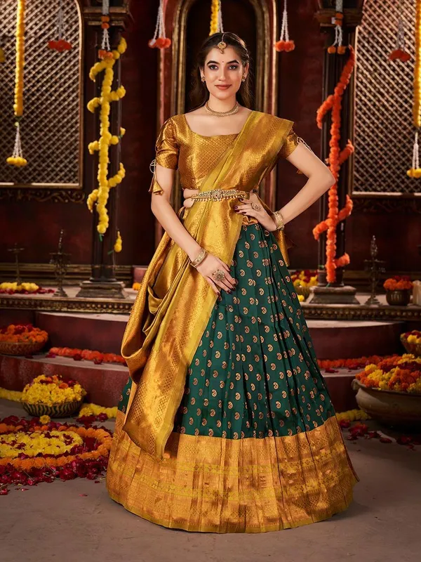 Green_Banarasi_Silk_Unstiched_Lehenga_With_Blouse_and_Dupatta_For_Women