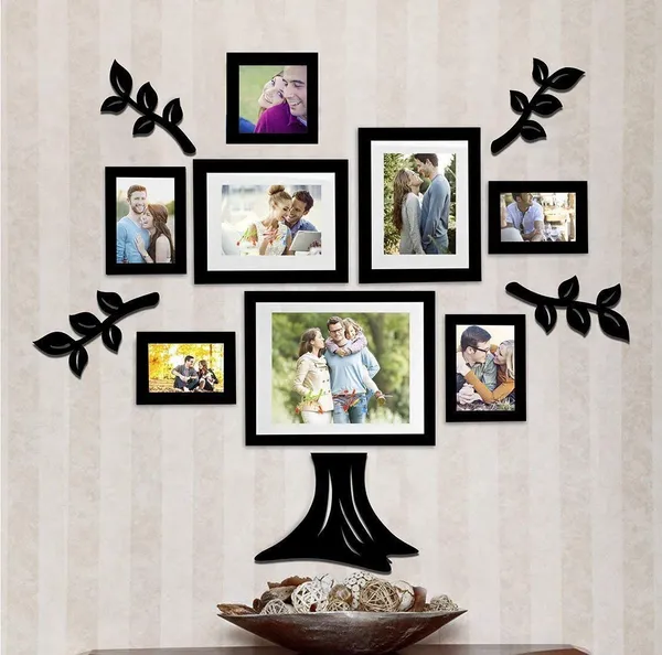 Black_Family_Tree_Photo_Frame_Set_Of_8_Individual_Wall_Collage_Photo_Frame_With_Mdf_Plaque_-_4_Leaf_And_1_Trunk_For_Living_Room,_Decorative_|_Customizable