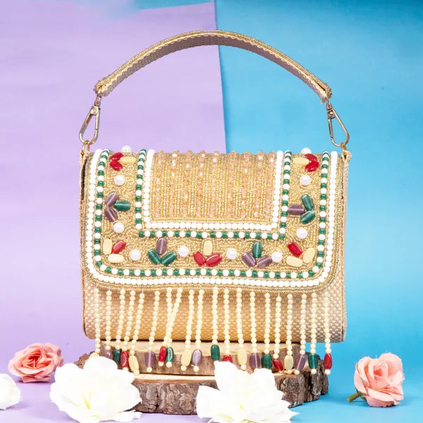 OSTY_MYNQA_Luxury_Bridal_Zari_Handcrafted_Bag_with_Handle_&_Chain_–_Gold_Finish,_Multicolor_Beaded_Fringes