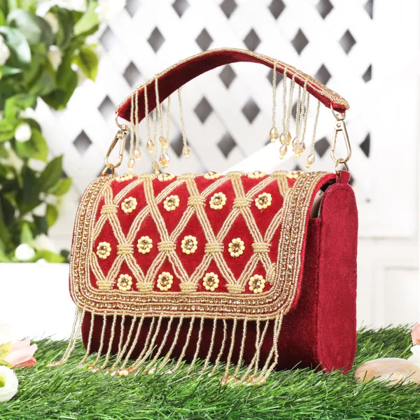 OSTY_MEHZA_Designer_Bridal_Clutch_with_Diamond_Zari_Embroidery,_Gold_Beaded_Fringe_&_Dual_Strap_|_Suede_Finish_Back