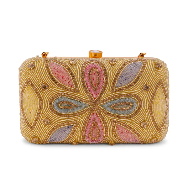 OSTY_IVIRAA_Premium_Multicolor_Hand_Zari_Embroidered_Clutch_|_Crystal_Clasp_|_Gold_Handle_&_Sling_Chain_|_Bridal_Party_Purse