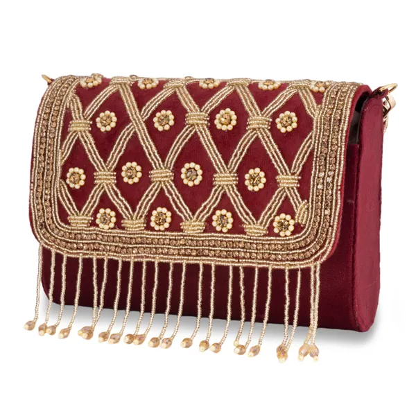 OSTY_MEHZA_Designer_Bridal_Clutch_with_Diamond_Zari_Embroidery,_Gold_Beaded_Fringe_&_Dual_Strap_|_Suede_Finish_Back