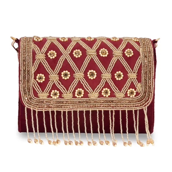 OSTY_MEHZA_Designer_Bridal_Clutch_with_Diamond_Zari_Embroidery,_Gold_Beaded_Fringe_&_Dual_Strap_|_Suede_Finish_Back