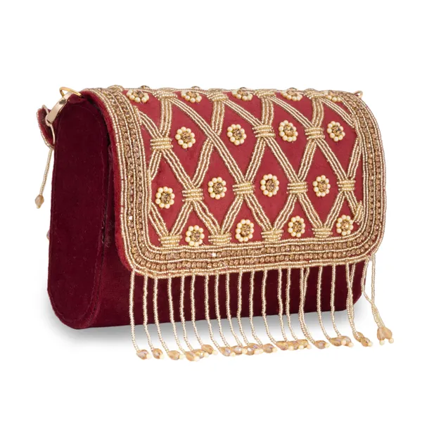 OSTY_MEHZA_Designer_Bridal_Clutch_with_Diamond_Zari_Embroidery,_Gold_Beaded_Fringe_&_Dual_Strap_|_Suede_Finish_Back