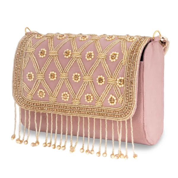 OSTY_MEHZA_Designer_Bridal_Clutch_with_Diamond_Zari_Embroidery,_Gold_Beaded_Fringe_&_Dual_Strap_|_Suede_Finish_Back