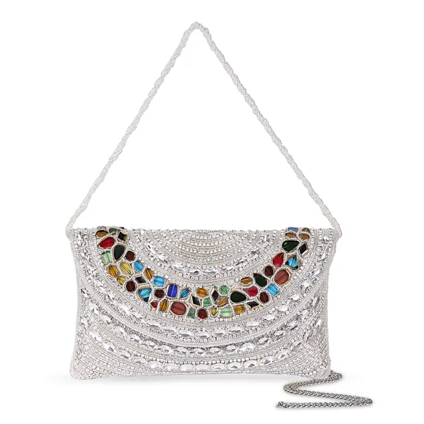 Osty_Celestia_–_Handcrafted_Silver_Zari_Clutch_with_Multicolor_Gem_Embellishment_&_Dual_Carry_Chain_for_Wedding_&_Occasion_Styling