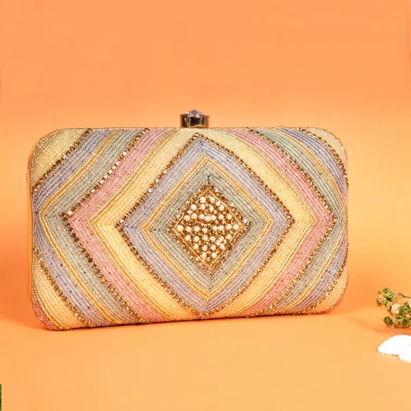 OSTY_AMOLYA_Handcrafted_Chevron_Zari_&_Pearl_Embroidered_Bridal_Clutch_|_Dual_Carry_–_Handle_&_Sling_|_Festive_Luxury_Purse