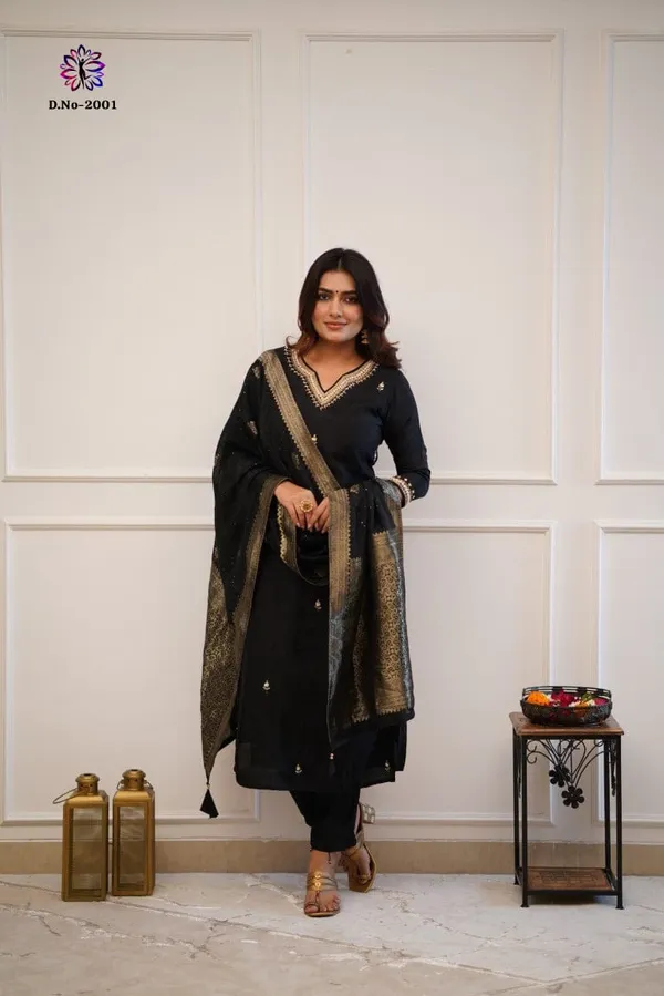 Black_Trendy_Design_Viscose_Chanderi_Embroidery_Kurta_With_Pant_&_Dupatta_Set_For_Women