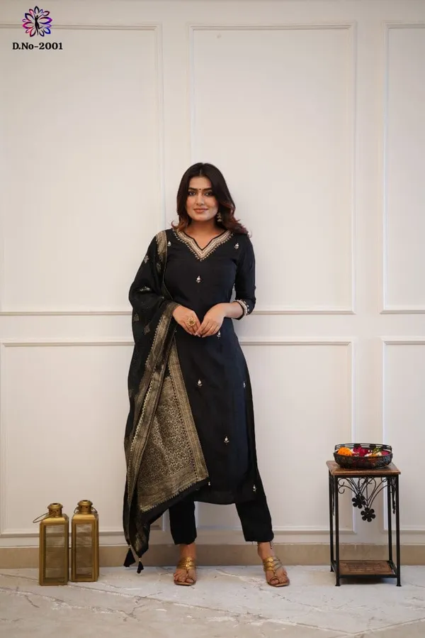 Black_Trendy_Design_Viscose_Chanderi_Embroidery_Kurta_With_Pant_&_Dupatta_Set_For_Women