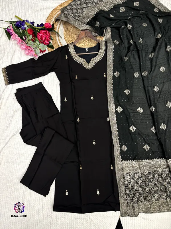 Black_Trendy_Design_Viscose_Chanderi_Embroidery_Kurta_With_Pant_&_Dupatta_Set_For_Women