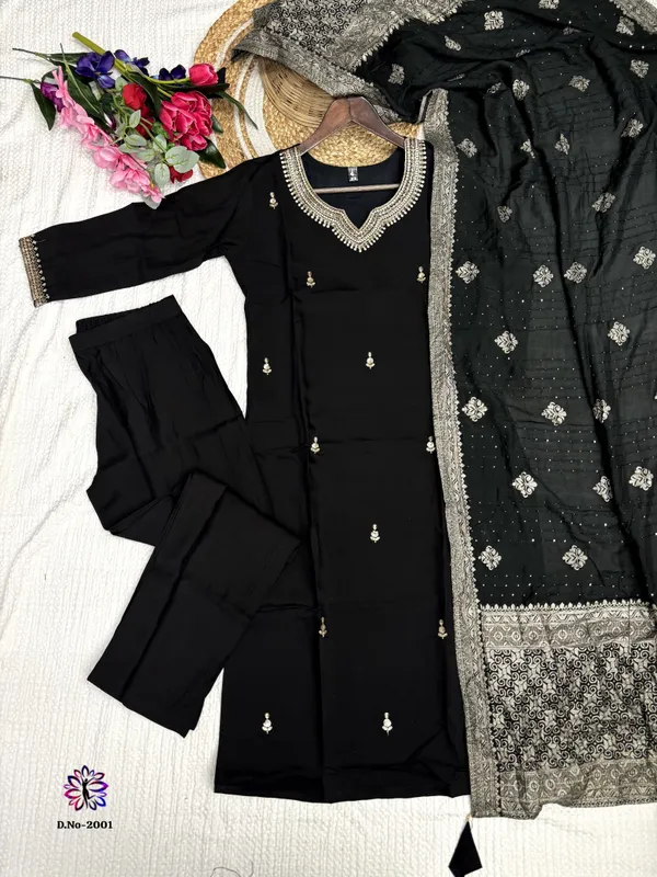 Black_Trendy_Design_Viscose_Chanderi_Embroidery_Kurta_With_Pant_&_Dupatta_Set_For_Women