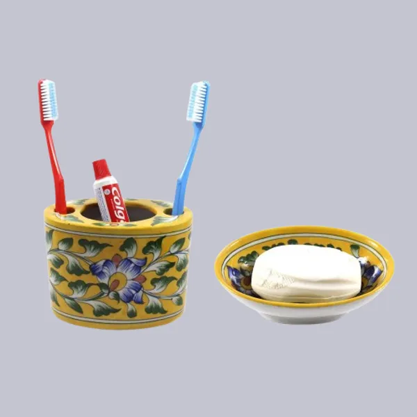 Blue_Art_Pottery_Bath_Set_Yellow_Floral_Oval_Shape_Soap_Dish_and_Brush_Holder_Elegant_Bath_Accessories_Set_of_2