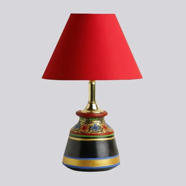 Black_And_Golden_Terracotta_Table_Lamp_Brass_Fitting_Handpainted_Cotton_Shade_Decorative_Corner_Lamp
