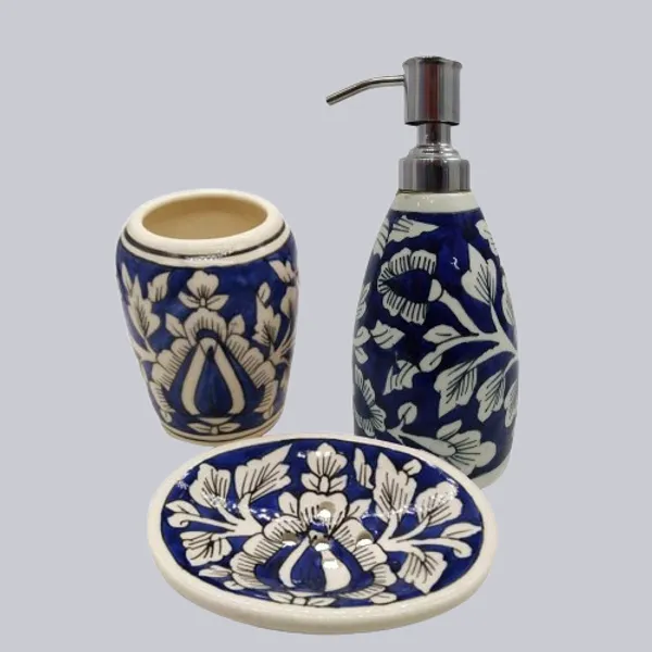 Blue_Hand_Painted_Ceramic_Bath_Accessory_Soap_Dish,_Liquid_Dispenser,_brush_Holder_Large_size_Set_of_3