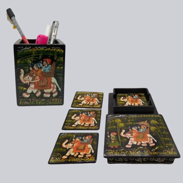 Wooden_Coaster_Set_and_Pen_Stand_Set_of_2_King_Royal_Procession_Hand_Painted