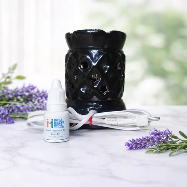 Black_Ceramic_Electric_Aroma_Diffuser_with_Star_Cut_Design_&_Lavender_Fragrance_Oil_(10ml)