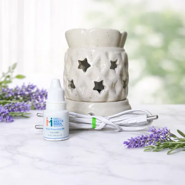 White_Ceramic_Electric_Aroma_Diffuser_with_Star_Cut_Design_&_Lavender_Fragrance_Oil_(10ml)