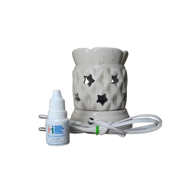 White_Ceramic_Electric_Aroma_Diffuser_with_Star_Cut_Design_&_Lavender_Fragrance_Oil_(10ml)