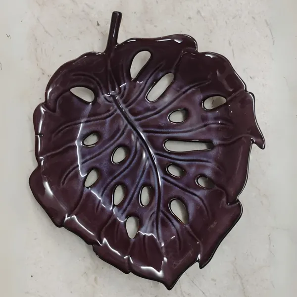 Handmade_Ceramic_Maroon_Monstera_Leaf_Platter_Serving_Plate