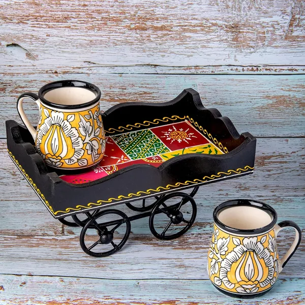 Handmade_Rolling_Serving_Tray_w/Black_Big_Wheels_[Black],_Hand_Painted_(Embossed)_Kitchen/Table_&_Home_Decor/Dinning/Gifts/Restaurants/Living_Room/Coffee_Table
