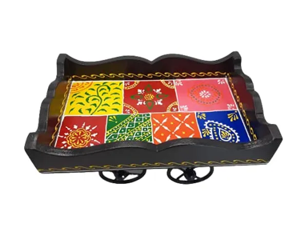 Handmade_Rolling_Serving_Tray_w/Black_Big_Wheels_[Black],_Hand_Painted_(Embossed)_Kitchen/Table_&_Home_Decor/Dinning/Gifts/Restaurants/Living_Room/Coffee_Table
