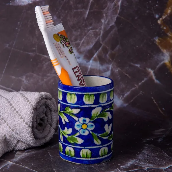 Blue_Art_Pottery_Tooth_Brush_Holder_Pen_Holder_Yellow_Ceramic_Holder_Tabletop_Bath_Accessory