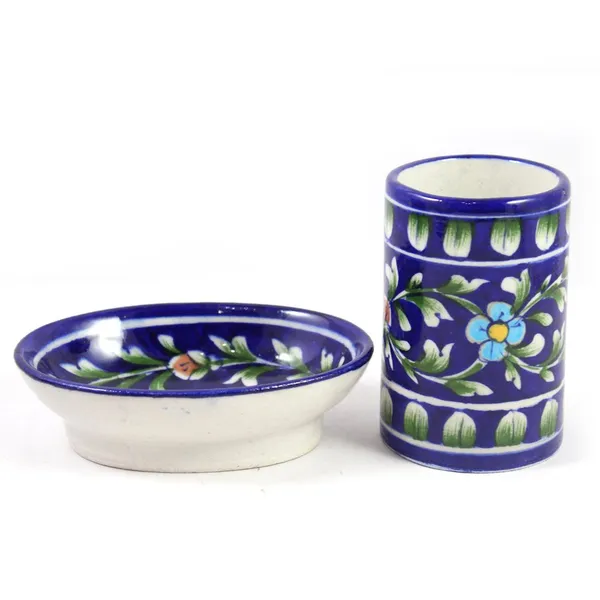 Blue_Art_Pottery_Bath_Set_Blue_Floral_Soap_Dish_and_Brush_Holder_Elegant_Bath_Accessories_Set_of_2