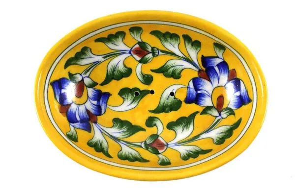 Blue_Art_Pottery_Bath_Set_Yellow_Floral_Oval_Shape_Soap_Dish_and_Brush_Holder_Elegant_Bath_Accessories_Set_of_2