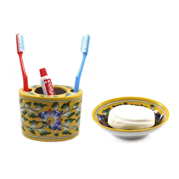 Blue_Art_Pottery_Bath_Set_Yellow_Floral_Oval_Shape_Soap_Dish_and_Brush_Holder_Elegant_Bath_Accessories_Set_of_2