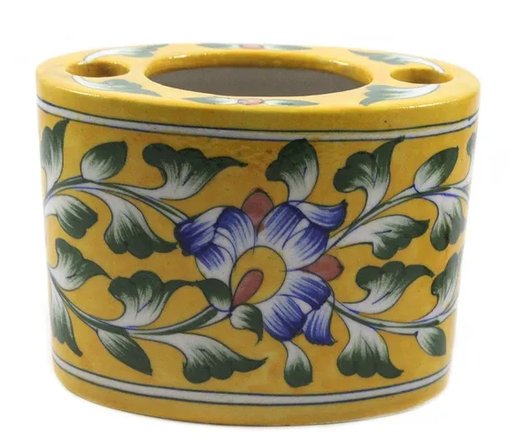 Blue_Art_Pottery_Bath_Set_Yellow_Floral_Oval_Shape_Soap_Dish_and_Brush_Holder_Elegant_Bath_Accessories_Set_of_2