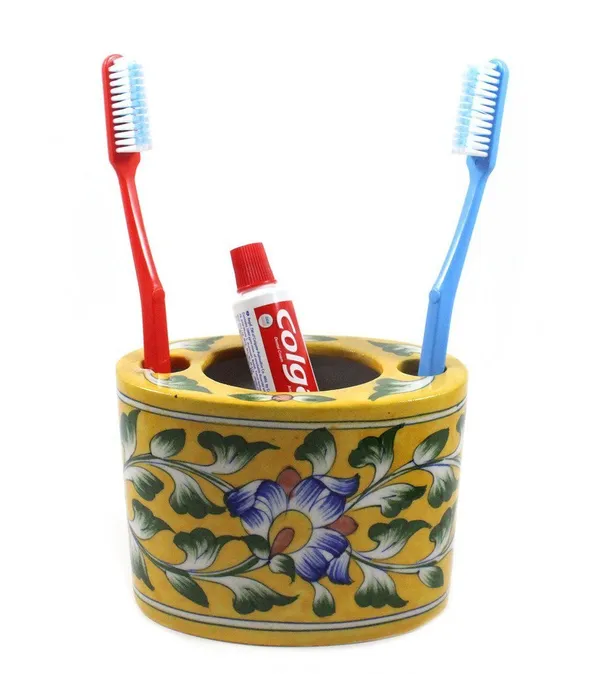 Blue_Art_Pottery_Bath_Set_Yellow_Floral_Oval_Shape_Soap_Dish_and_Brush_Holder_Elegant_Bath_Accessories_Set_of_2