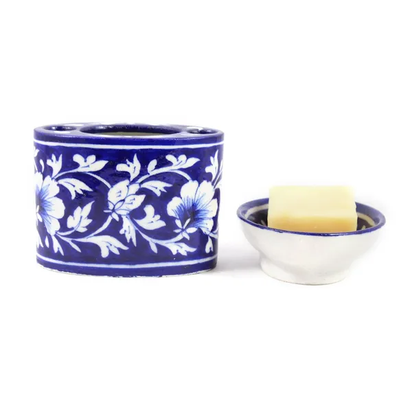 Blue_Art_Pottery_Bath_Set_Dark_Blue_Floral_Oval_Shape_Soap_Dish_and_Brush_Holder_Elegant_Bath_Accessories_Set_of_2