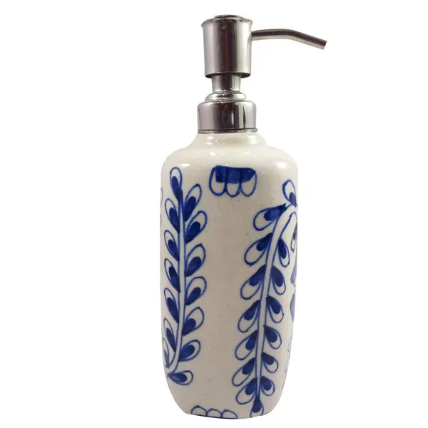 Floral_White_and_Blue_Ceramic_Liquid_Soap_Dispenser_w/Stainless_Steel_Pump_Hand_Painted_Refillable_Soaps/Shampoo/Lotions_300_ML