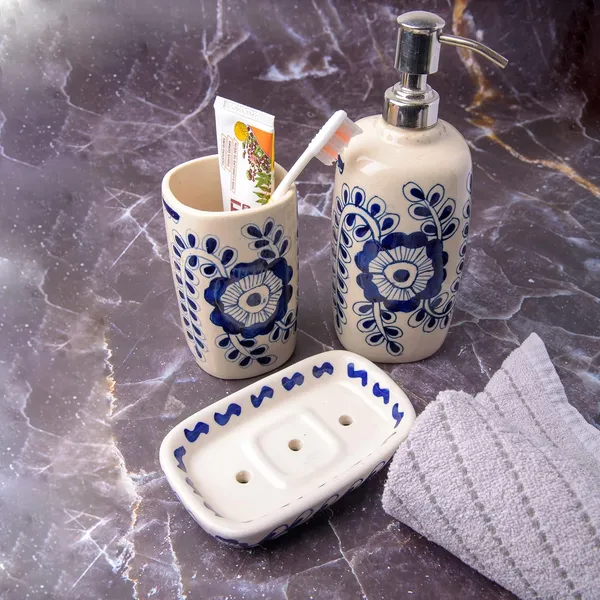 Floral_Blue_Hand_Painted_Ceramic_Bath_Accessory_Soap_Dish,_Liquid_Dispenser,_Toothbrush_Holder_Set_of_3
