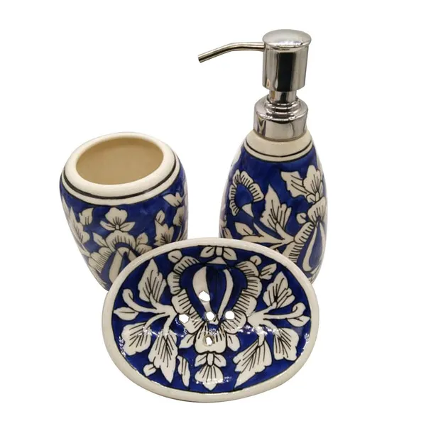 Blue_Hand_Painted_Ceramic_Bath_Accessory_Soap_Dish,_Liquid_Dispenser,_brush_Holder_Large_size_Set_of_3