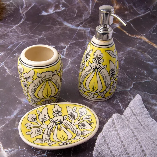 Yellow_Hand_Painted_Ceramic_Bath_Accessory_Soap_Dish,_Liquid_Dispenser,_Toothbrush_Holder_Set_of_3