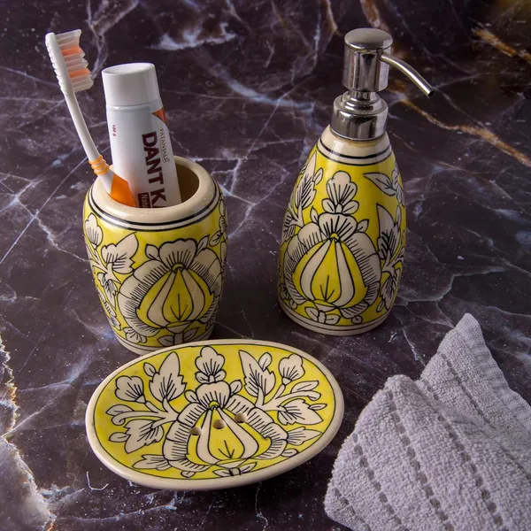 Yellow_Hand_Painted_Ceramic_Bath_Accessory_Soap_Dish,_Liquid_Dispenser,_Toothbrush_Holder_Set_of_3