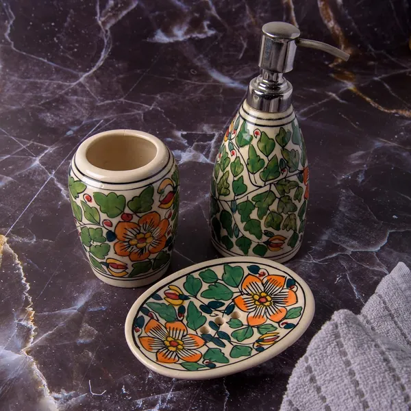 Multi_Green_Hand_Painted_Ceramic_Bath_Accessory_Soap_Dish,_Liquid_Dispenser,_Toothbrush_Holder_Set_of_3