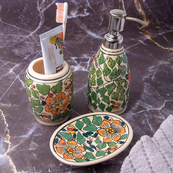 Multi_Green_Hand_Painted_Ceramic_Bath_Accessory_Soap_Dish,_Liquid_Dispenser,_Toothbrush_Holder_Set_of_3