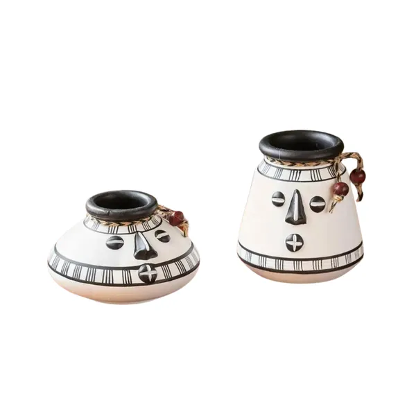 White_And_Black_Terracotta_Decorative_Vase_Set_Of_2_Handpainted_Clay_Pots_Small_Size