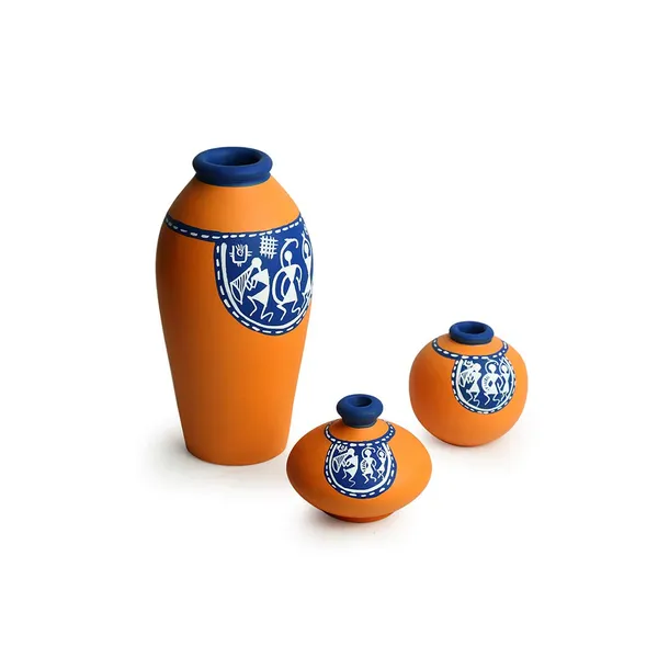 Orange_And_Blue_Terracotta_Decorative_Vase_Set_Of_3_Handpainted_Clay_Pots