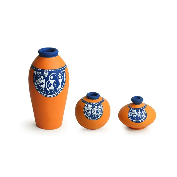 Orange_And_Blue_Terracotta_Decorative_Vase_Set_Of_3_Handpainted_Clay_Pots